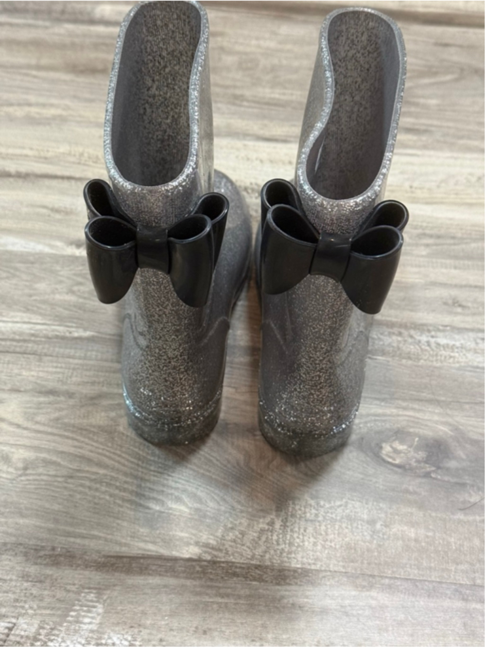 Jelly Beans Girls Silver Glitter Rain Boots Black Bow Size 2 - Picture 2 of 5